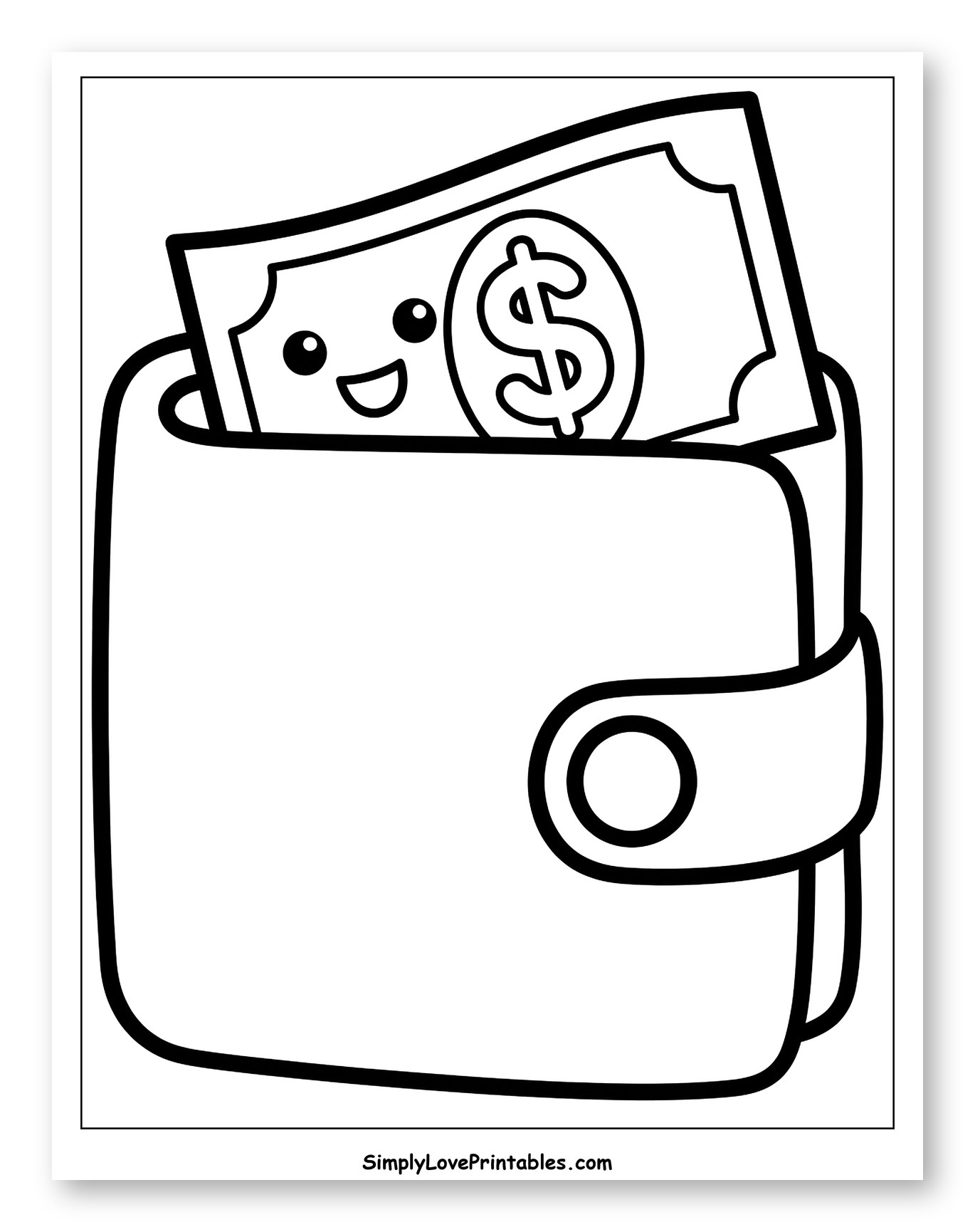 Happy Dollar Bill in a Wallet to Color for Toddlers