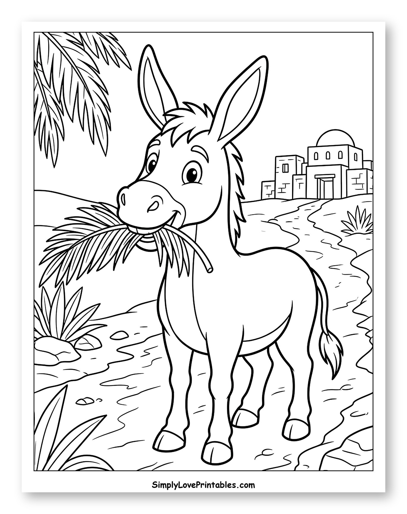 Happy Donkey Carrying Palm Leaf Coloring Sheet for Kids