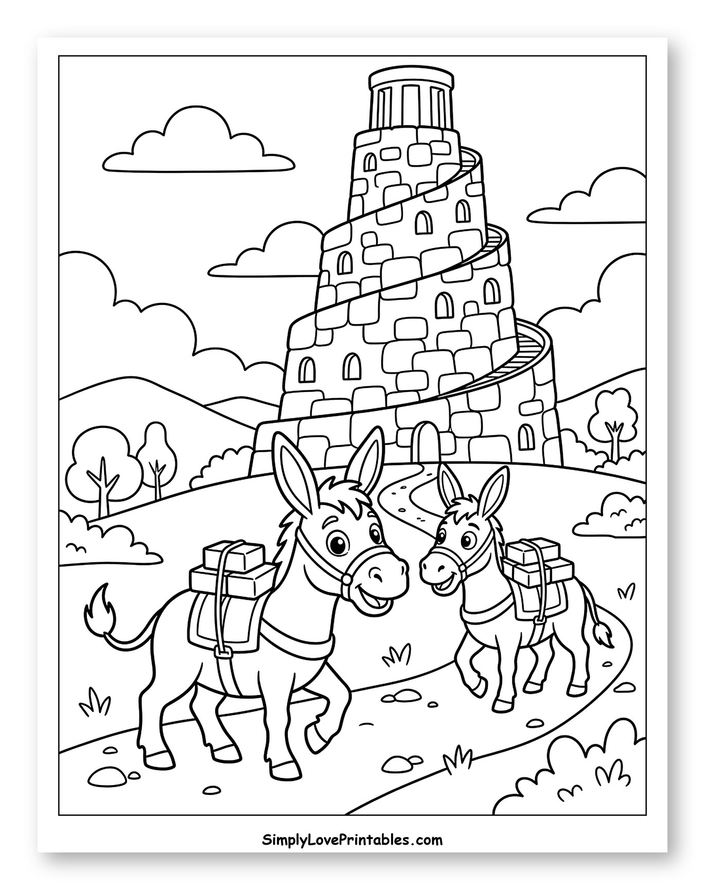 Happy Donkeys on Path with Tower of Babel