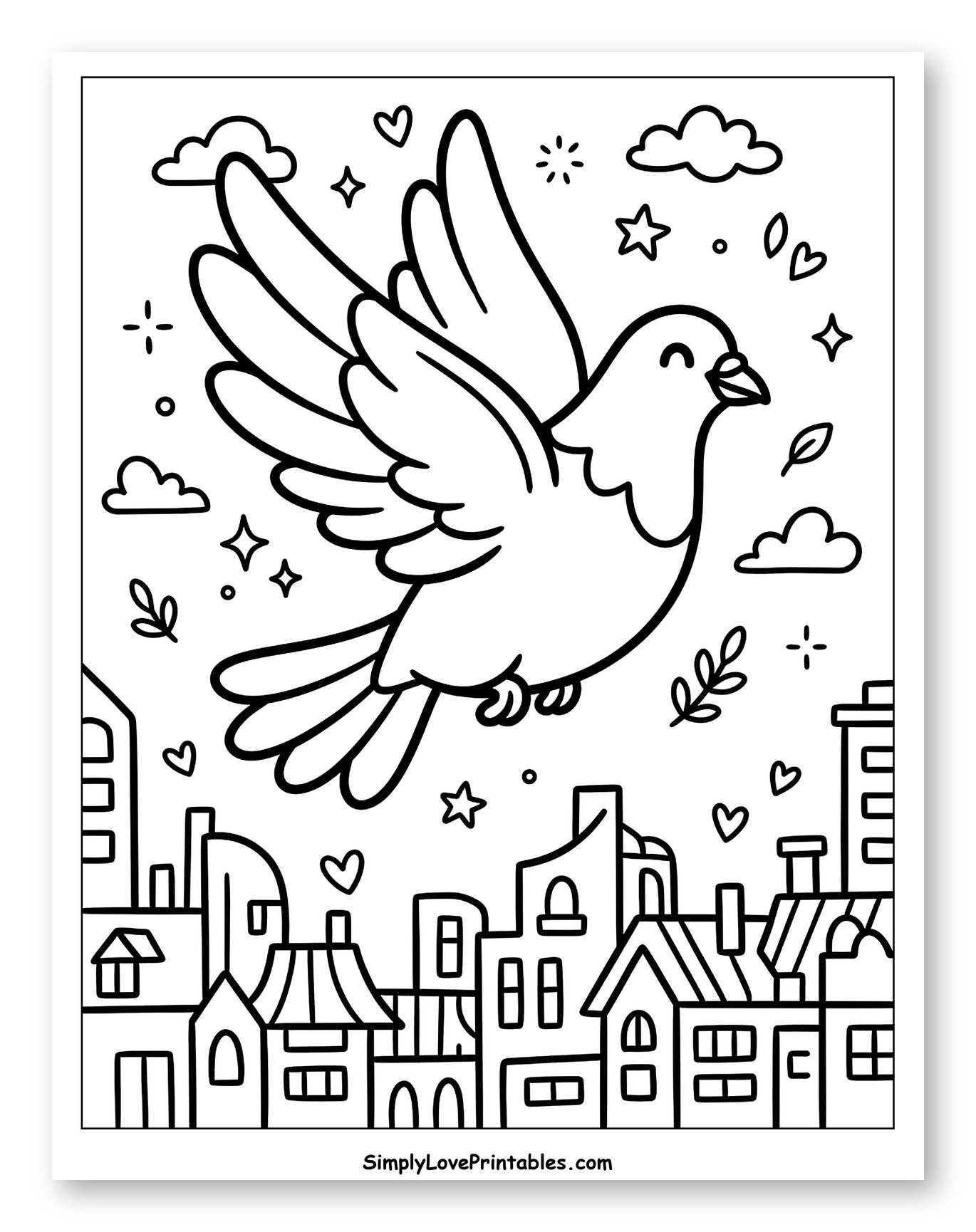 Happy Dove Flying Over a Lively City Coloring Page for Adults