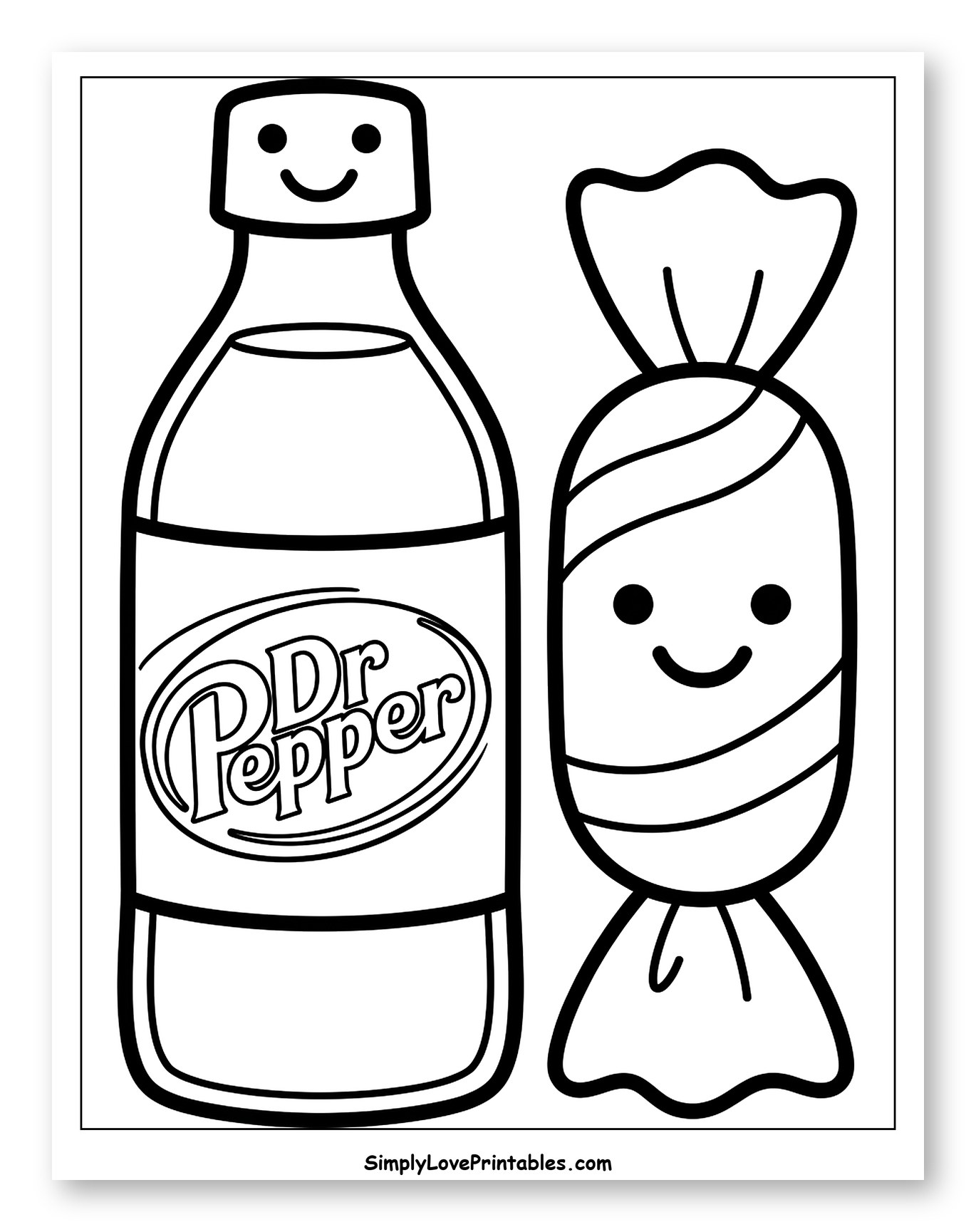 Happy Dr Pepper Bottle and Sweet Candy Coloring Sheet for Toddlers