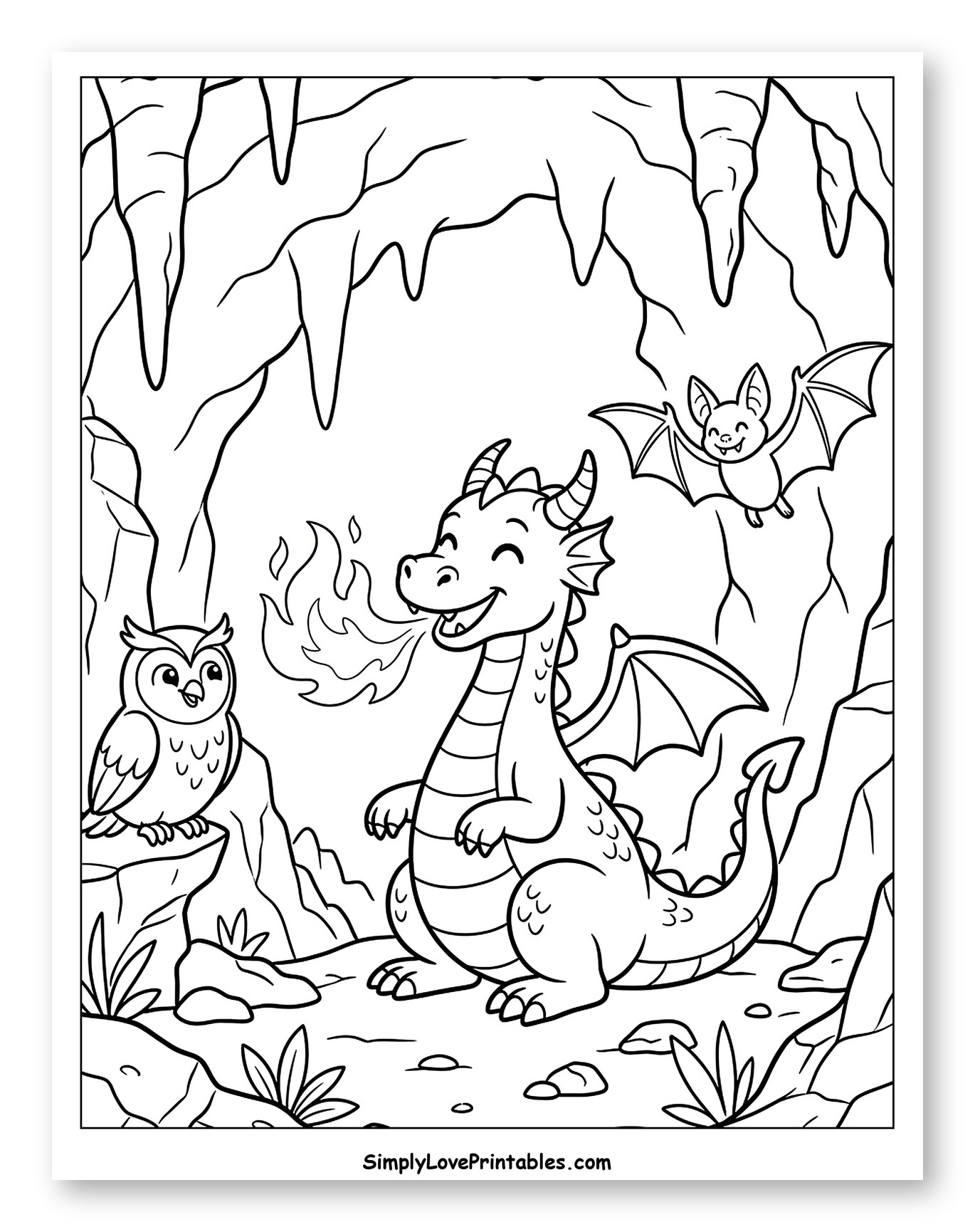 Happy Dragon and Friends in Cave to Color for Kids