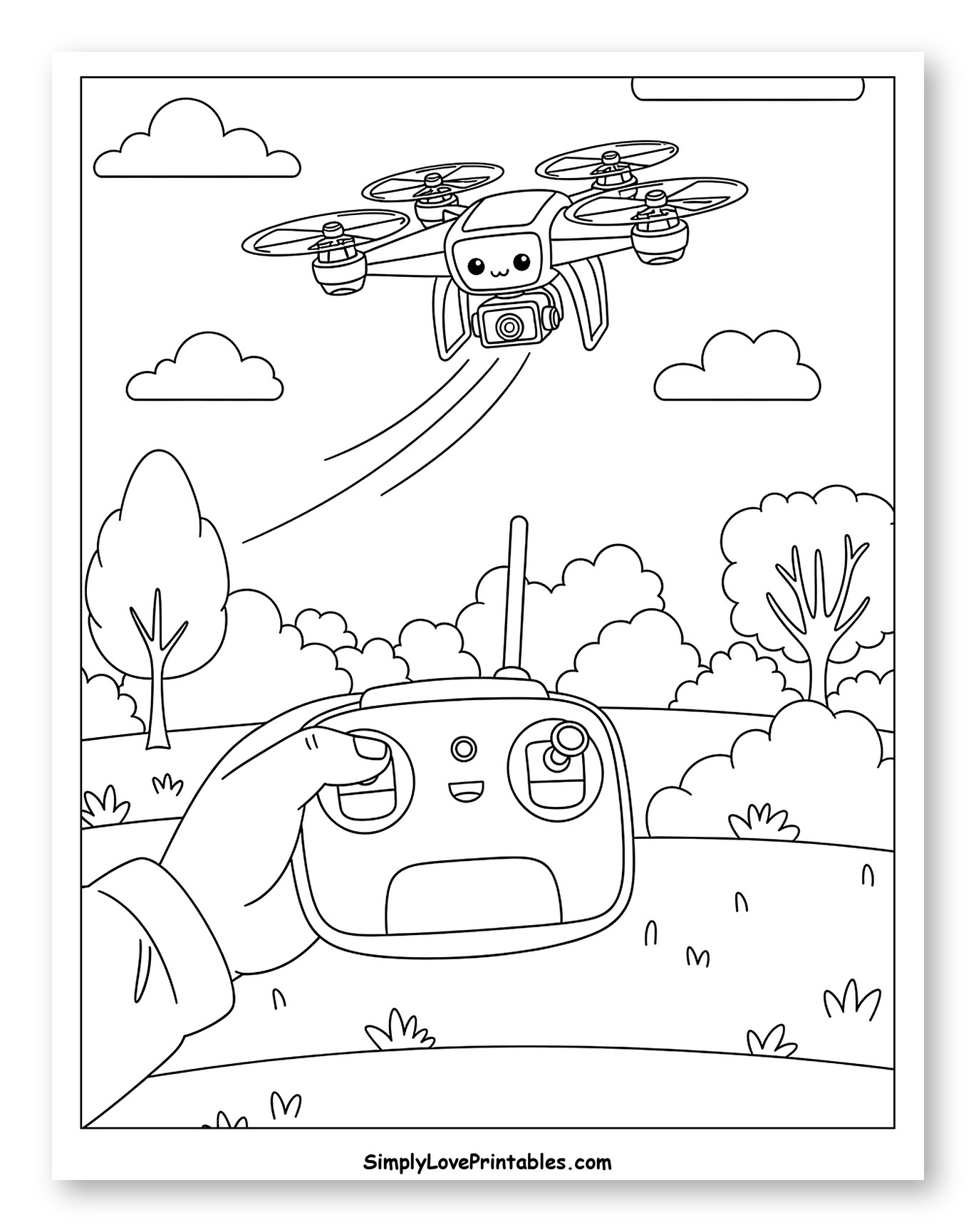 Happy Drone Flying with Remote Control Coloring Sheet for Kids