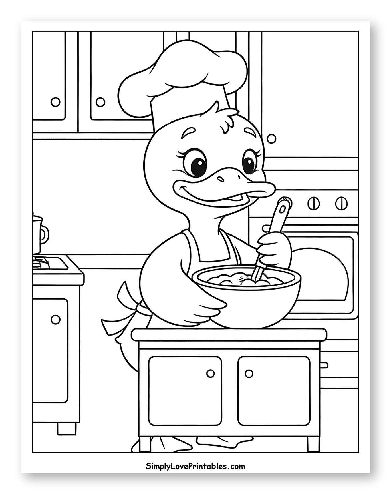 Happy Duck Chef Cooking in Kitchen to Color for Kids