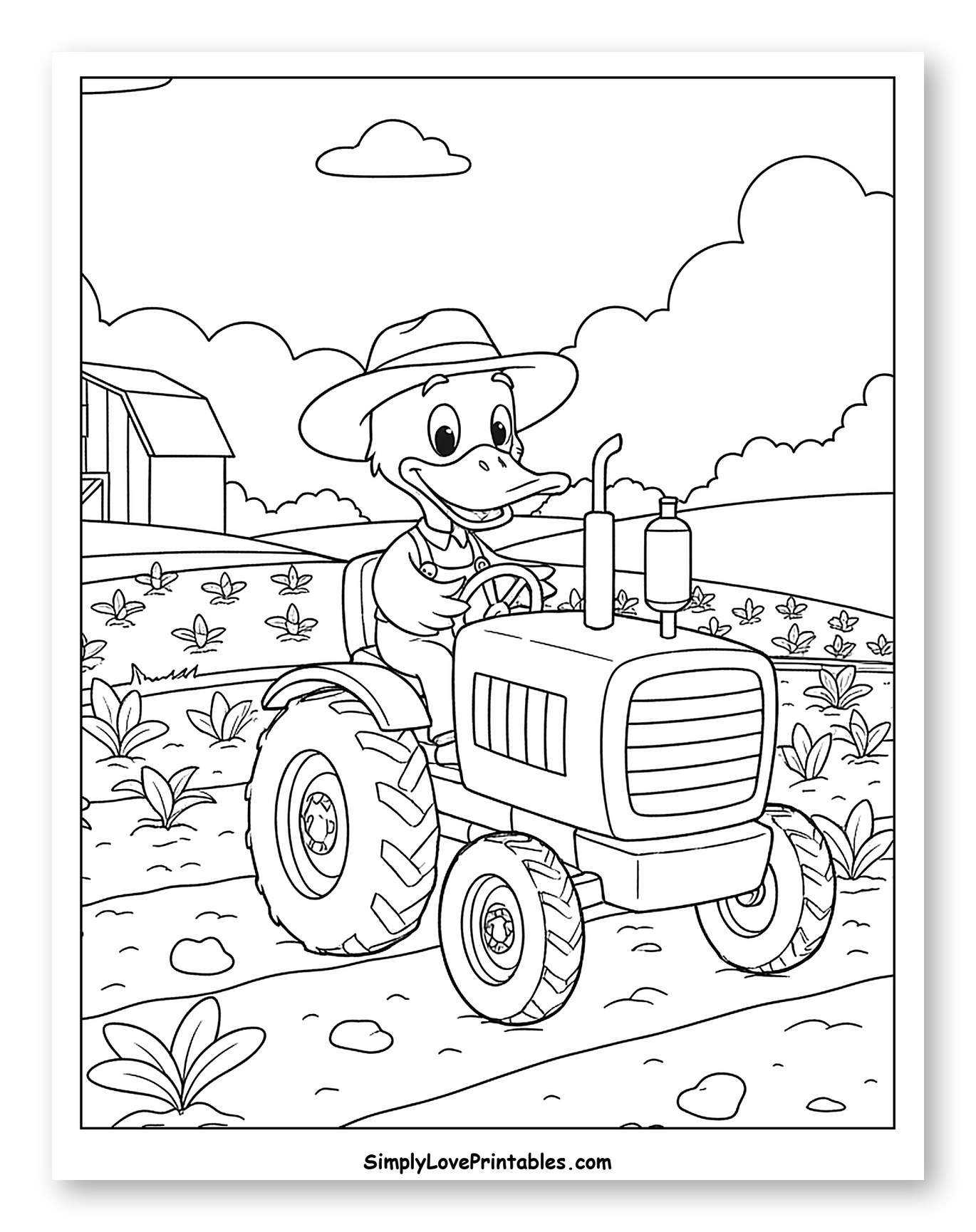 Happy Duck Driving Tractor on a Farm