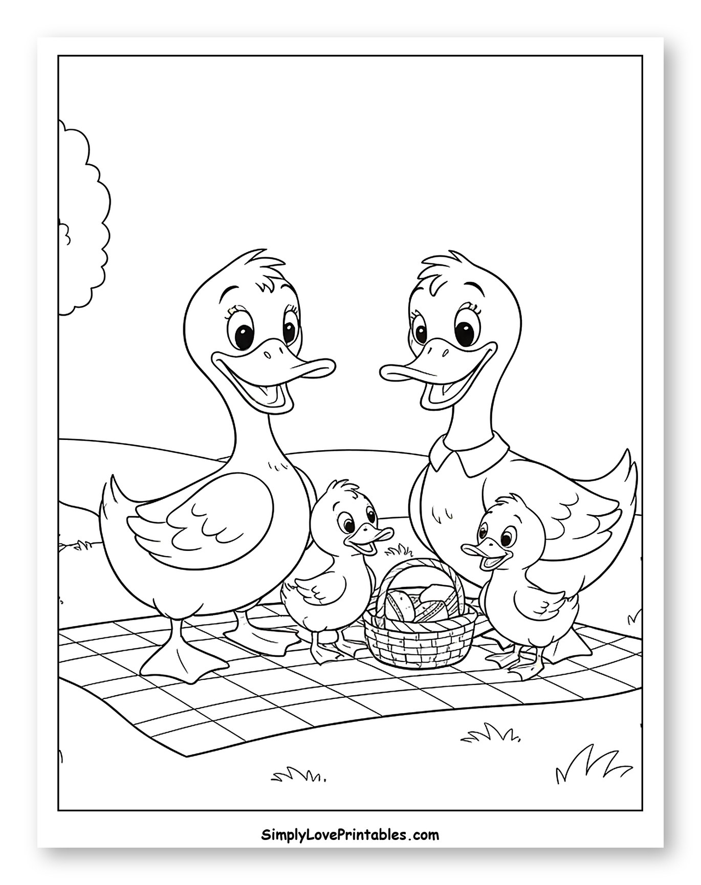 Happy Duck Family Picnic Under a Tree