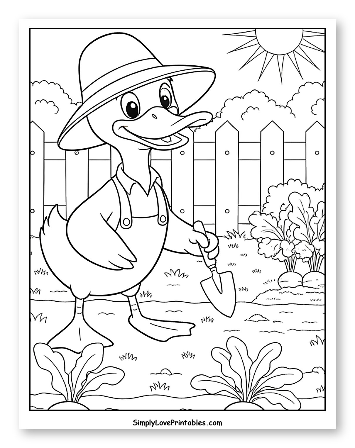 Happy Duck Gardener with Shovel and Beets Coloring Page for Kids