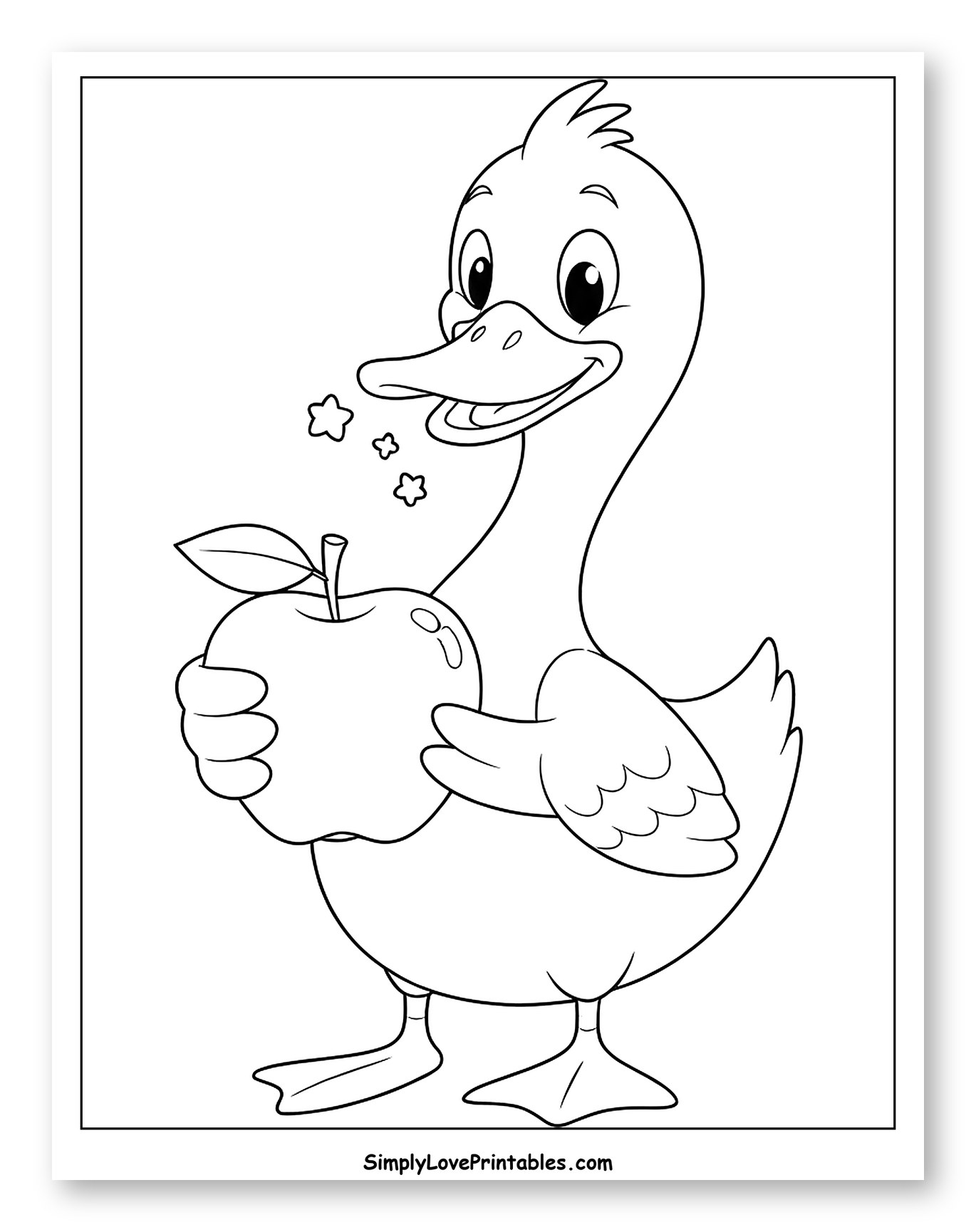 Happy Duck Holding an Apple to Color for Toddlers