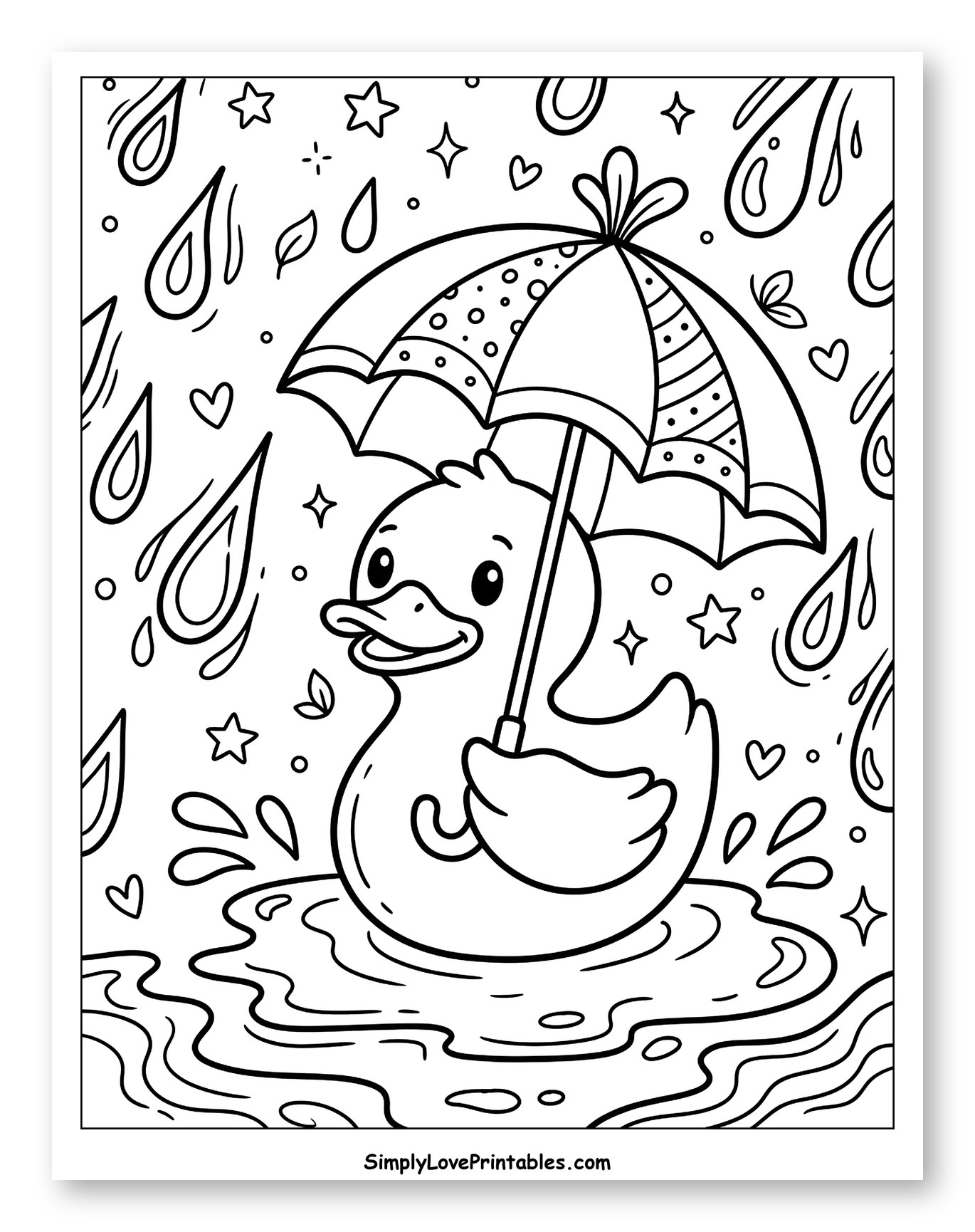 Happy Duck in Puddle with Umbrella Coloring Page for Adults