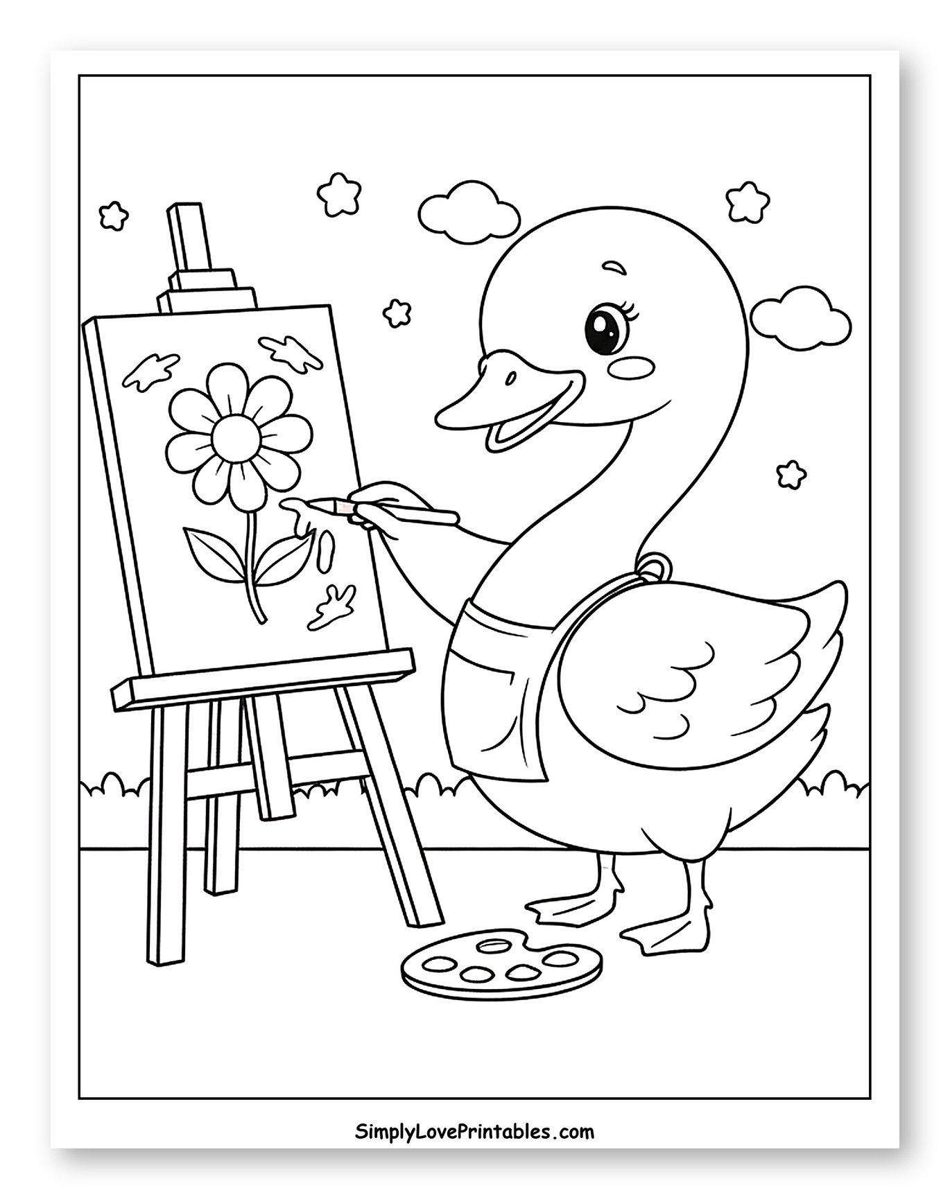 Happy Duck Painting Flower on Canvas Coloring Sheet for Kids