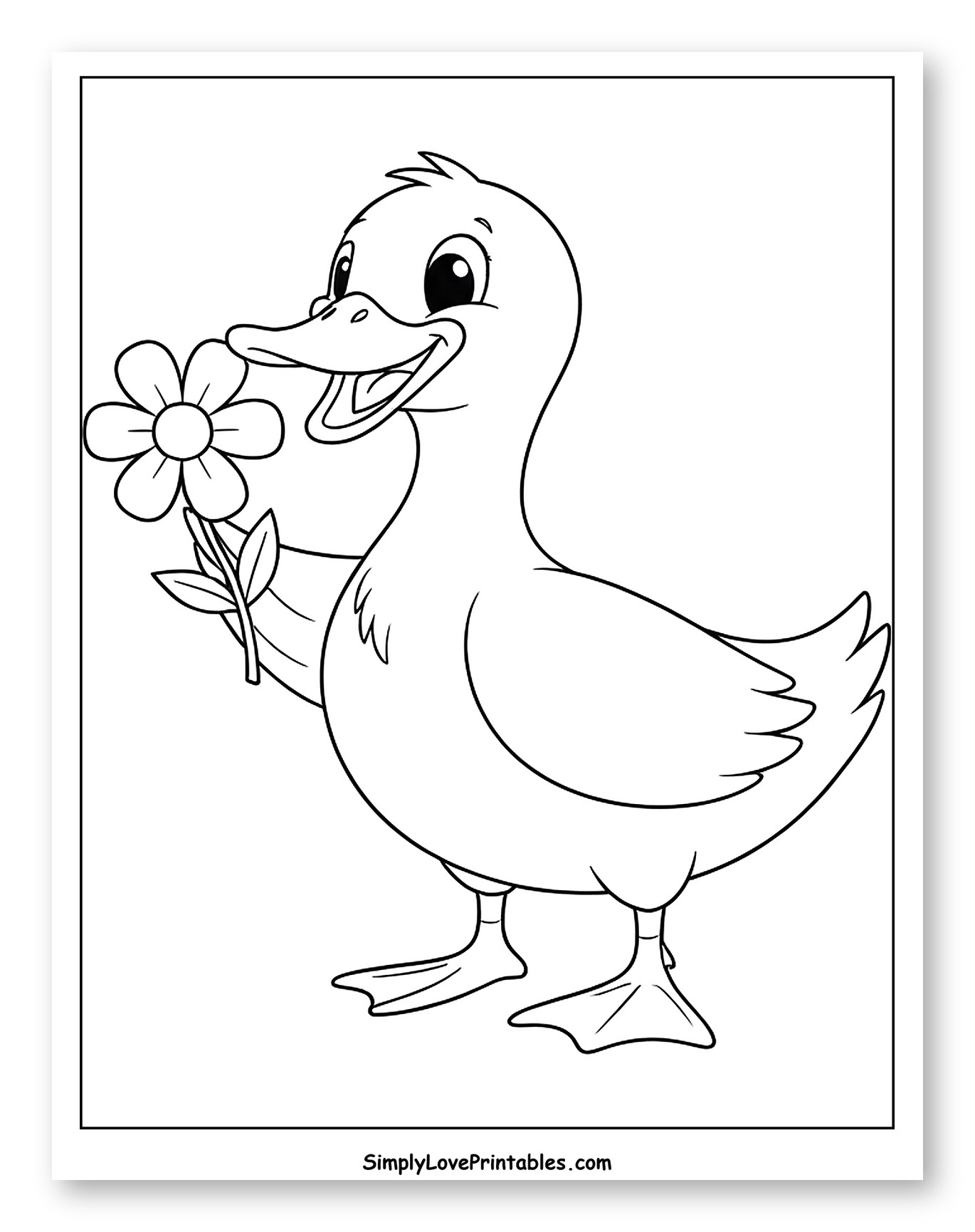 Happy Duckling Holding a Flower to Color for Toddlers