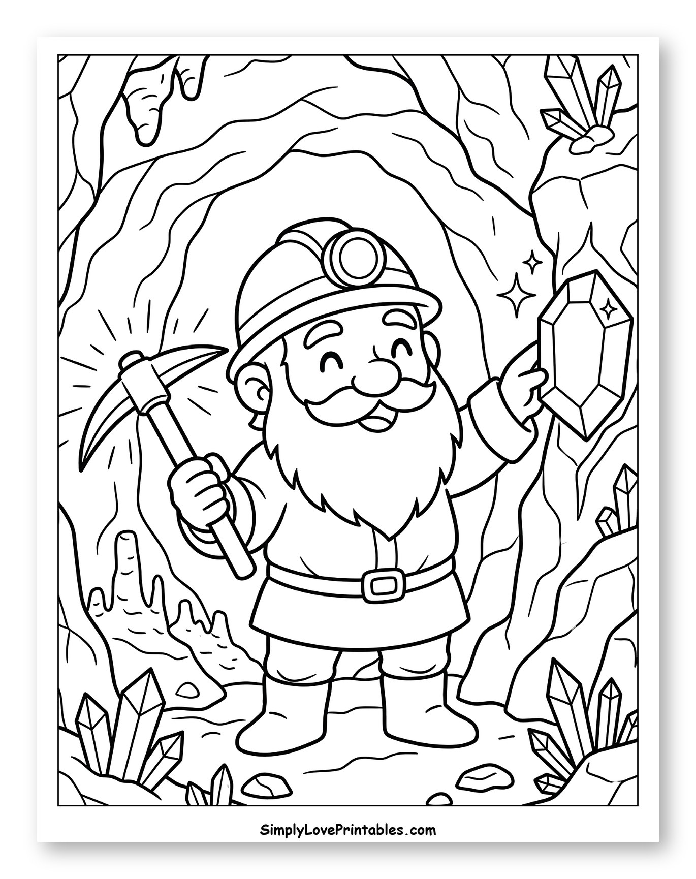 Happy Dwarf Miner with Pickaxe and Gem to Color for Kids