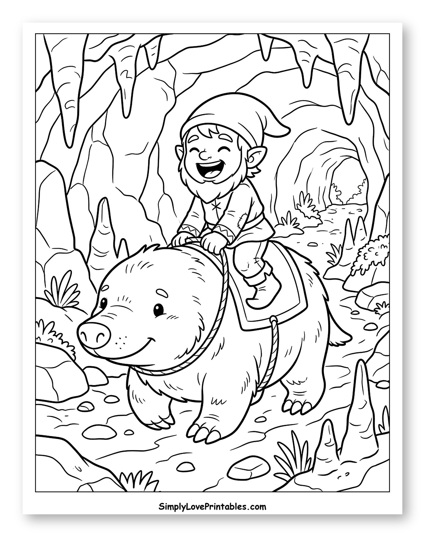 Happy Dwarf Riding a Cute Creature in a Cave Coloring Page for Kids