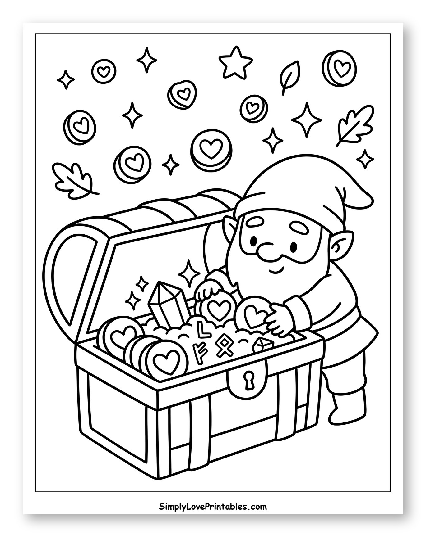 Happy Dwarf with Open Treasure Chest Coloring Page for Adults