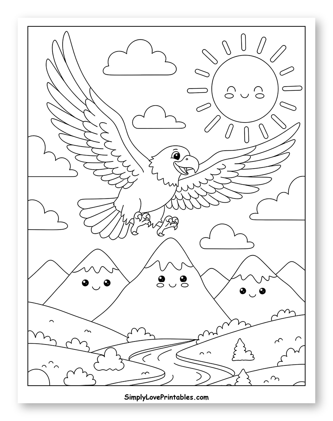 Happy Eagle Flying Over Cute Mountains Coloring Page for Kids