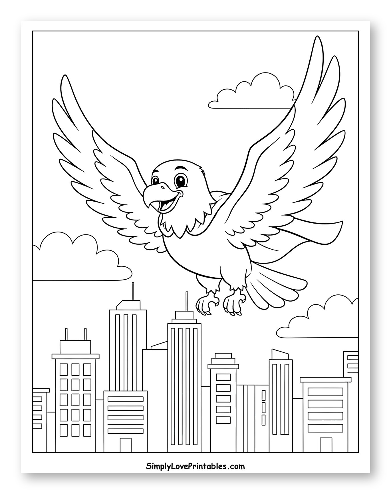 Happy Eagle Soaring Above Skyscrapers to Color for Kids