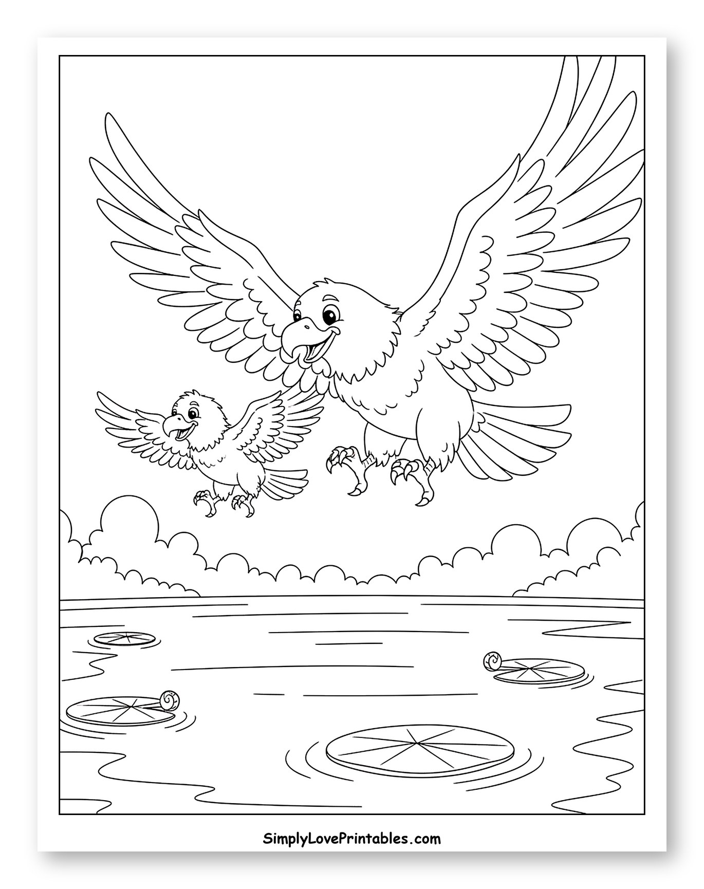 Happy Eagles Flying Above a Lake to Color for Kids