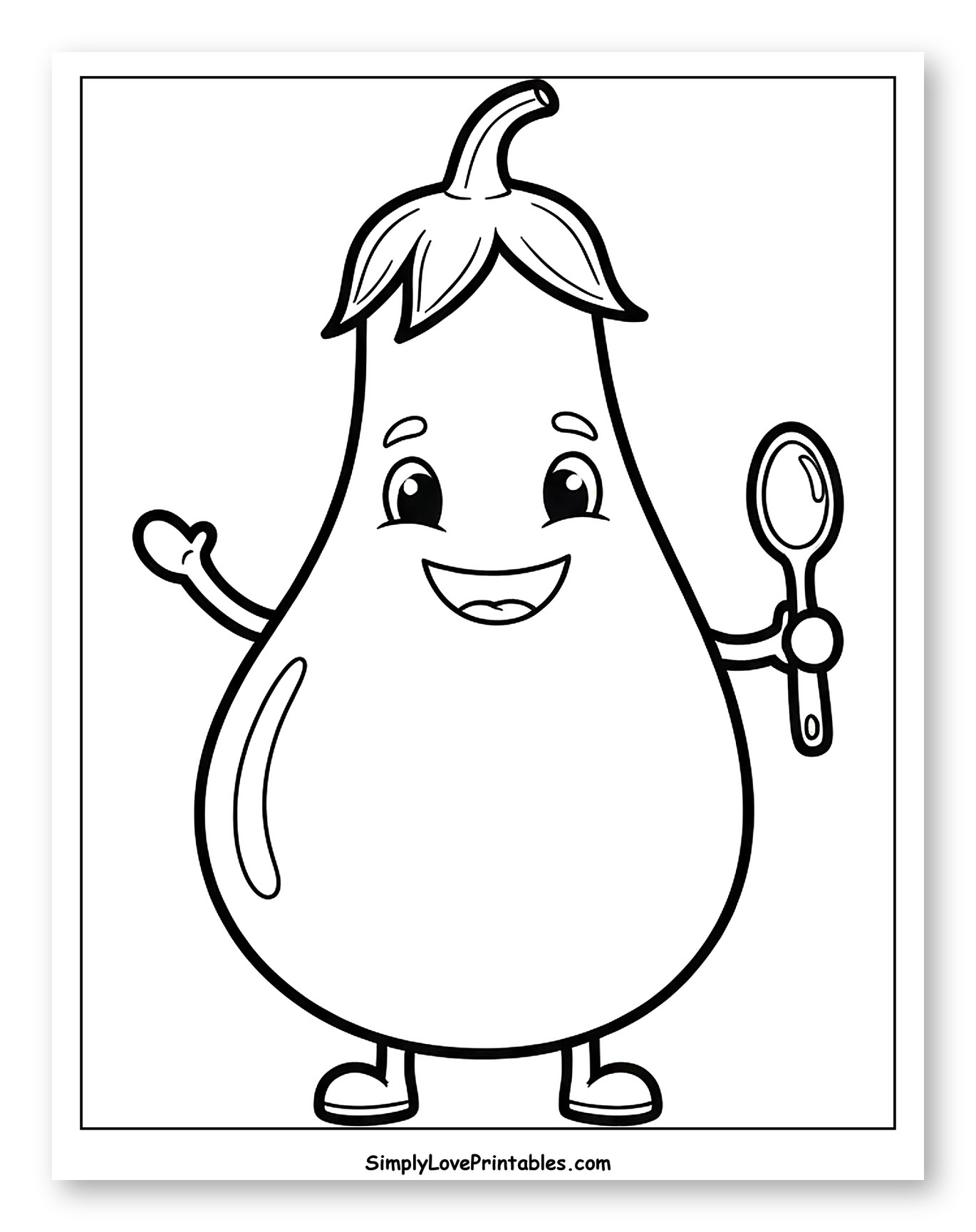 Happy Eggplant Character Holding a Spoon Coloring Page for Toddlers