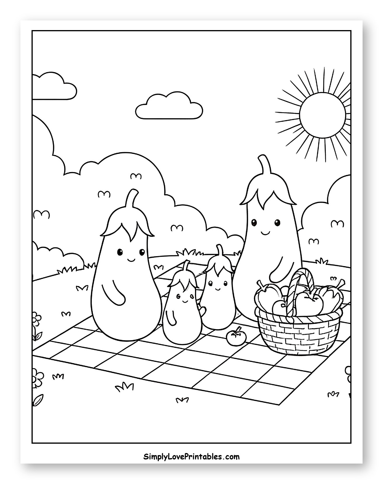 Happy Eggplant Family Having a Picnic