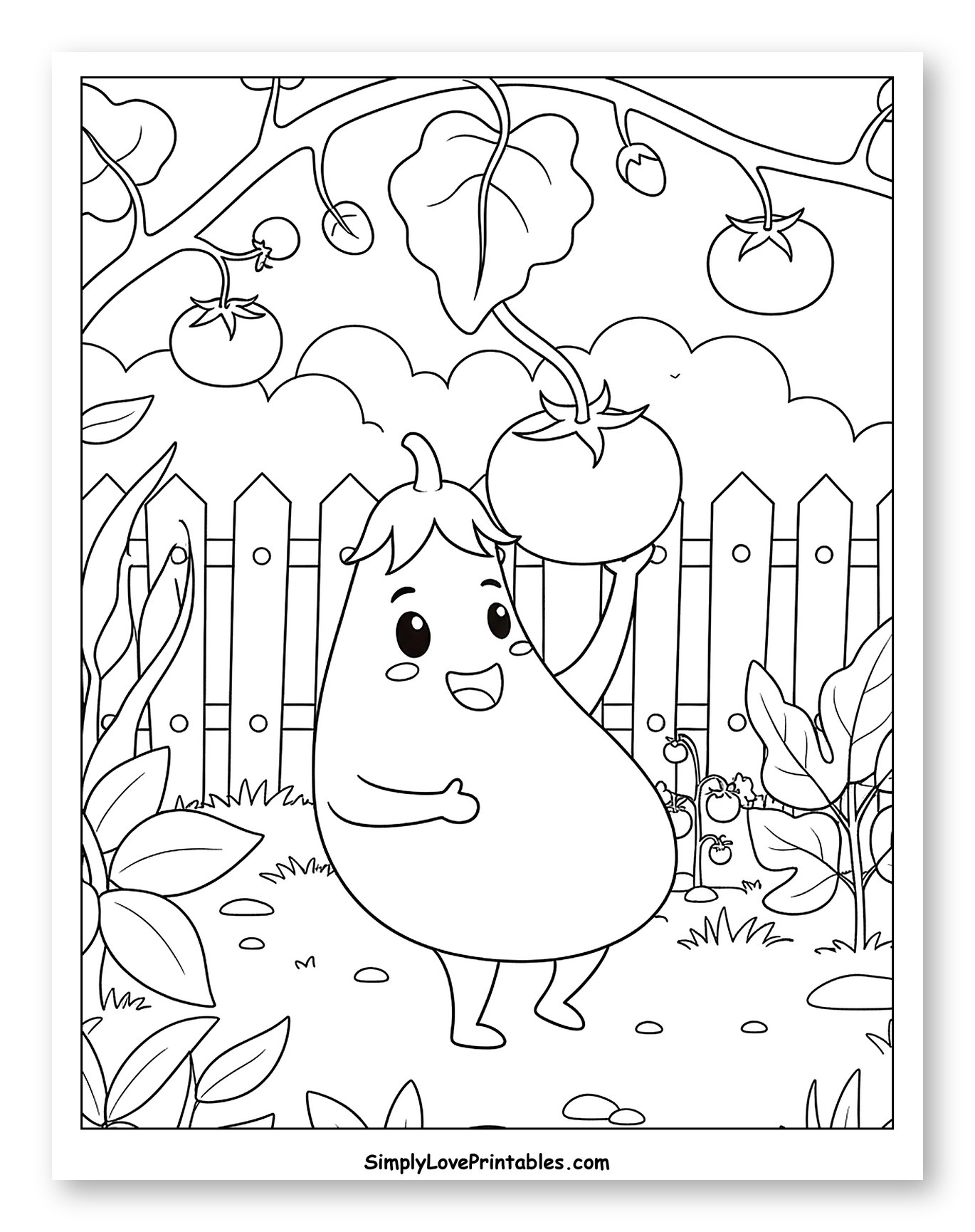 Happy Eggplant Holding a Tomato in Garden Coloring Page for Kids