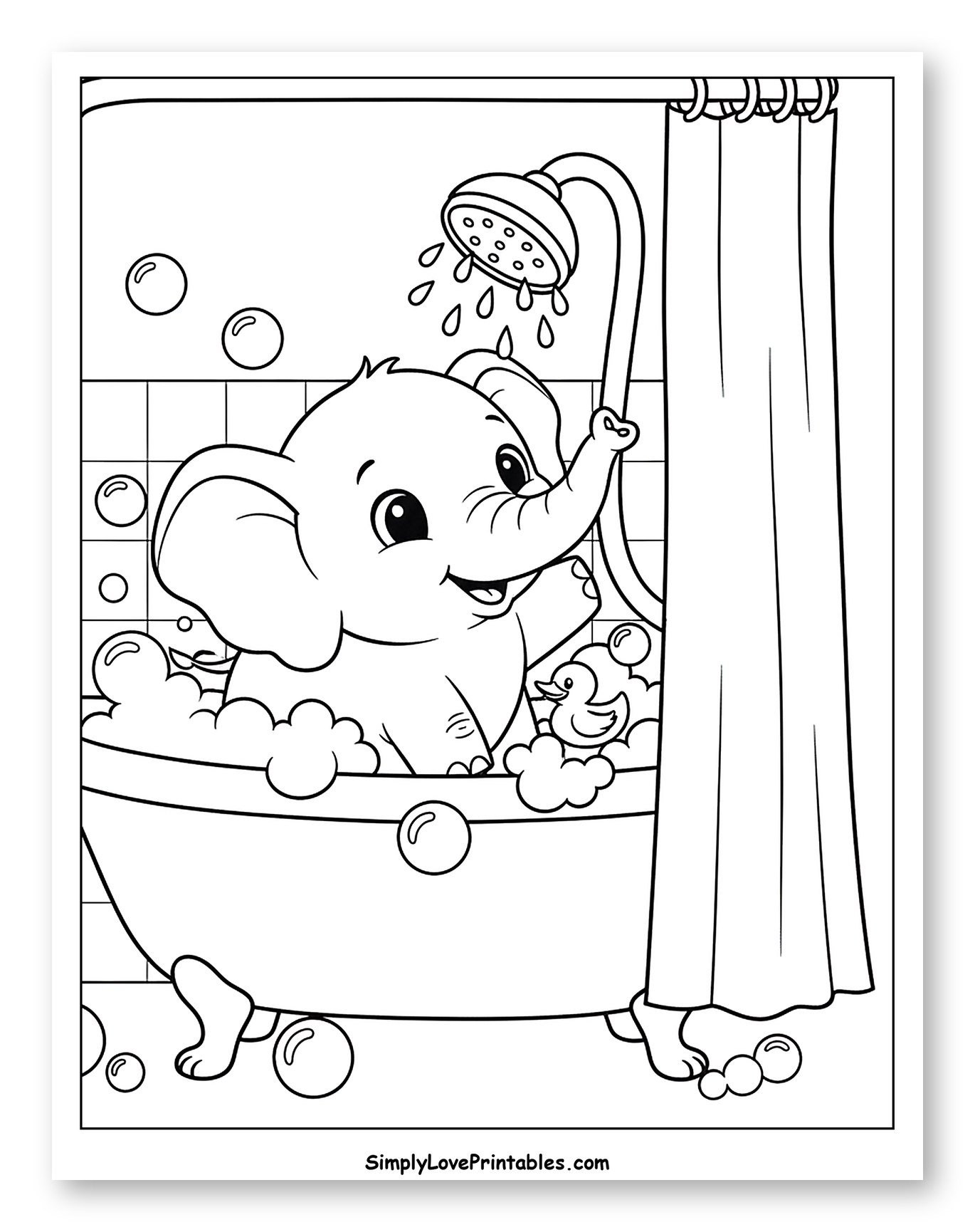 Happy Elephant Taking a Bubble Bath Coloring Page for Toddlers