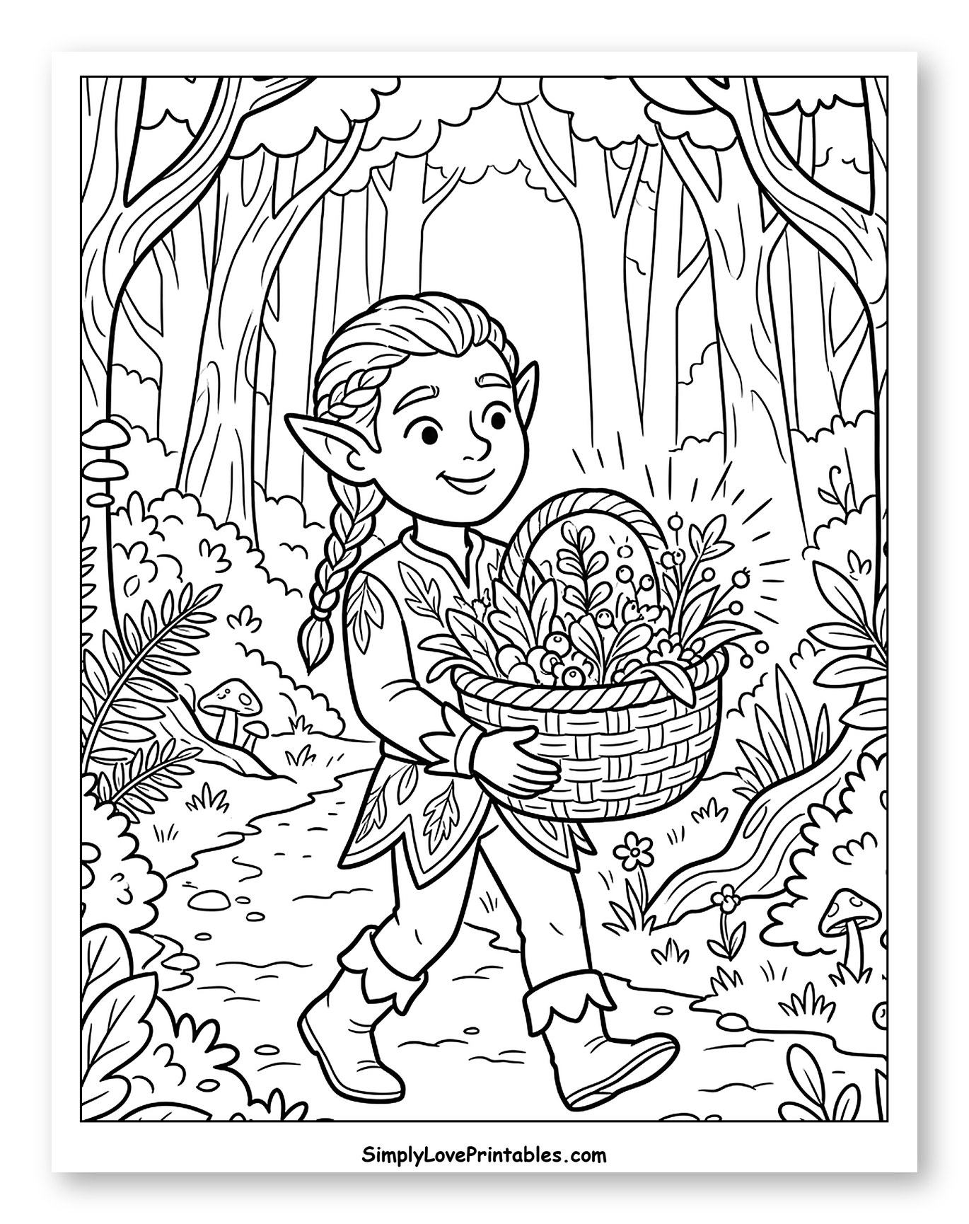 Happy Elf Carrying Berry Basket in Forest