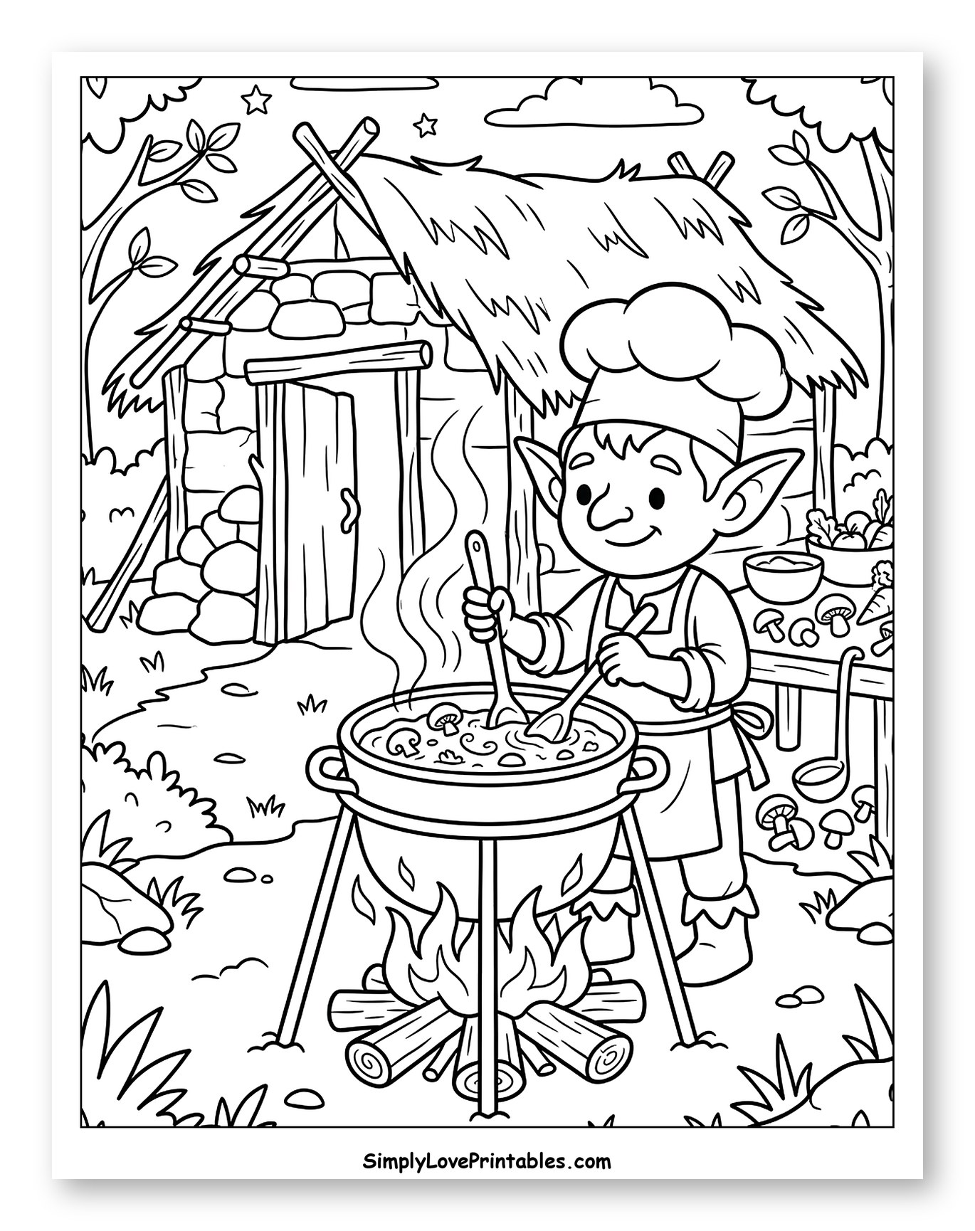 Happy Elf Chef Cooking Outdoors Coloring Page for Kids