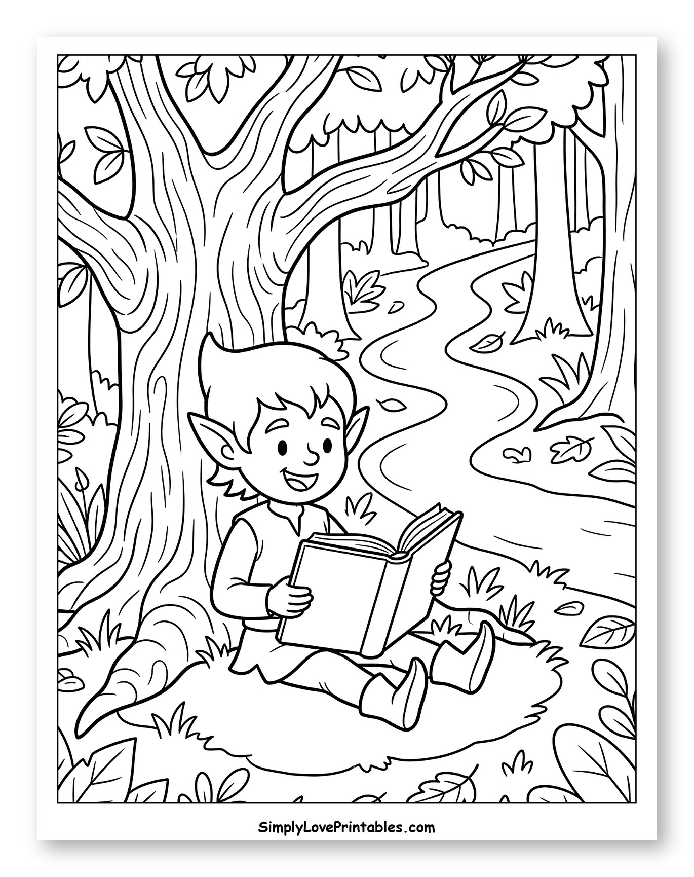 Happy Elf Reading Book Under Forest Tree