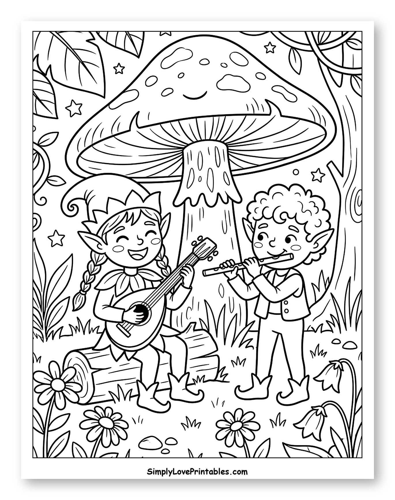 Happy Elves Playing Music Under a Mushroom Coloring Page for Kids