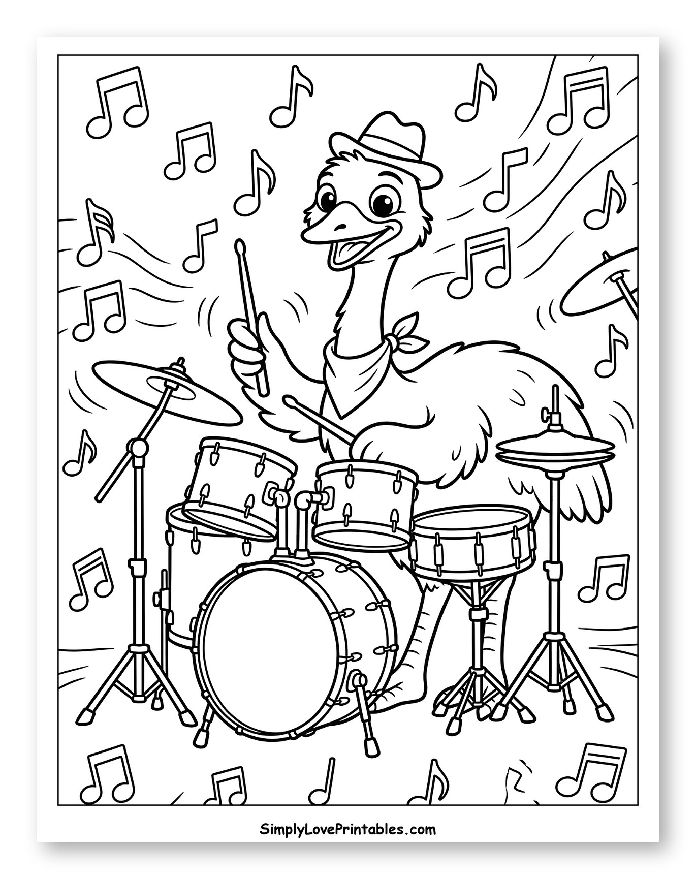 Happy Emu Drummer with Musical Notes