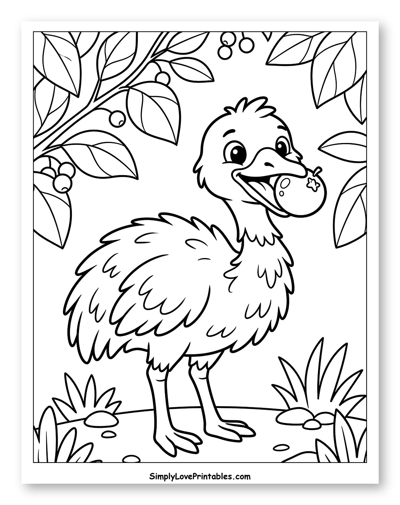 Happy Emu Eating Berry in Forest