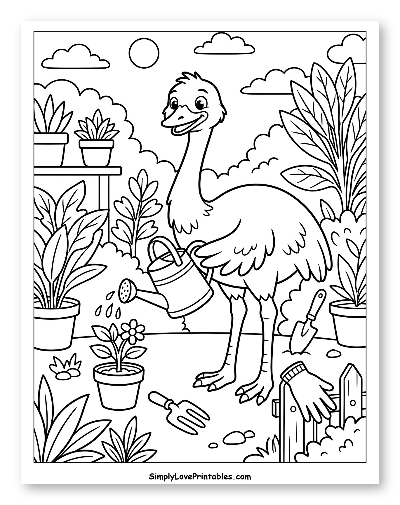 Happy Emu Gardening with Watering Can