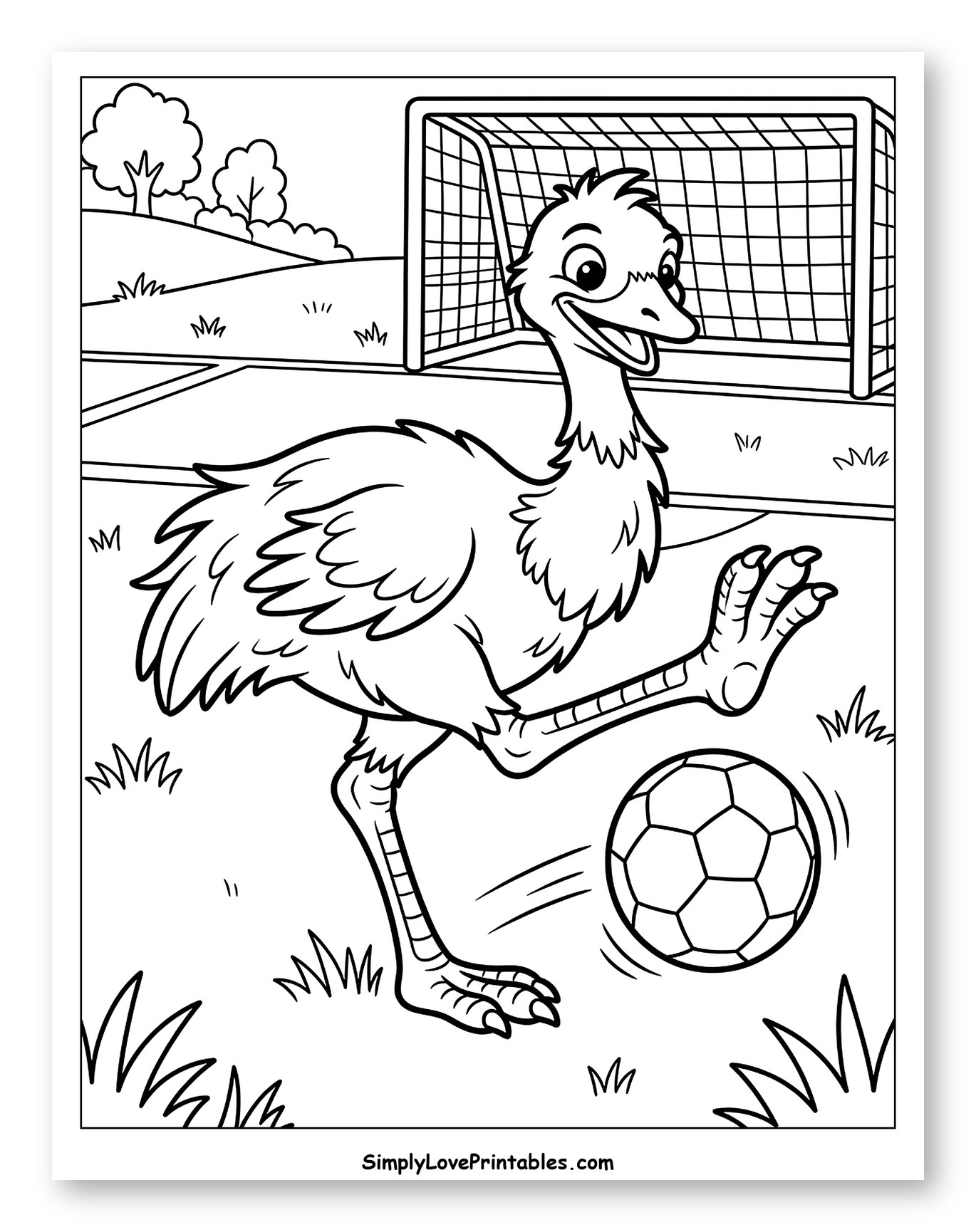 Happy Emu Kicking Soccer Ball on Field to Color for Kids