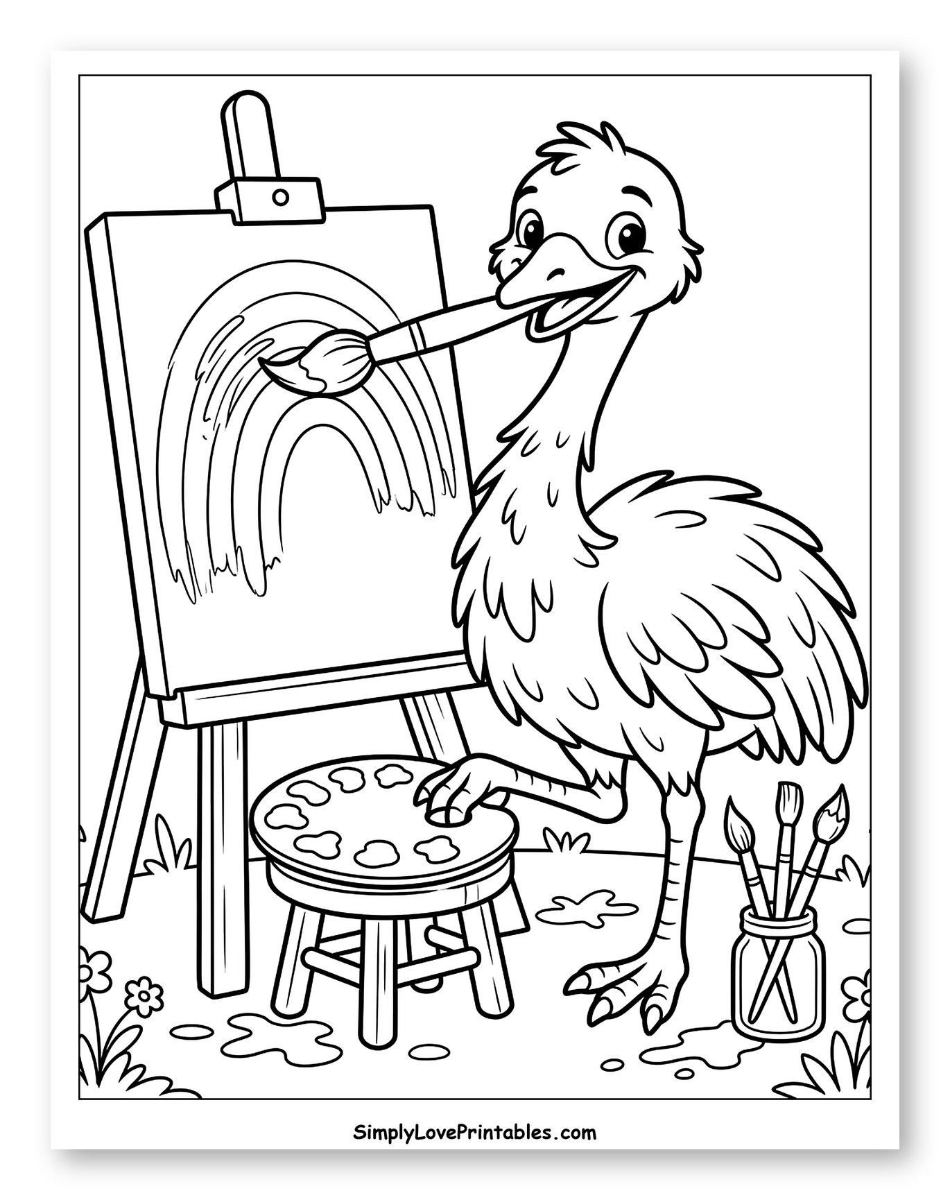 Happy Emu Painting a Rainbow Coloring Sheet for Kids
