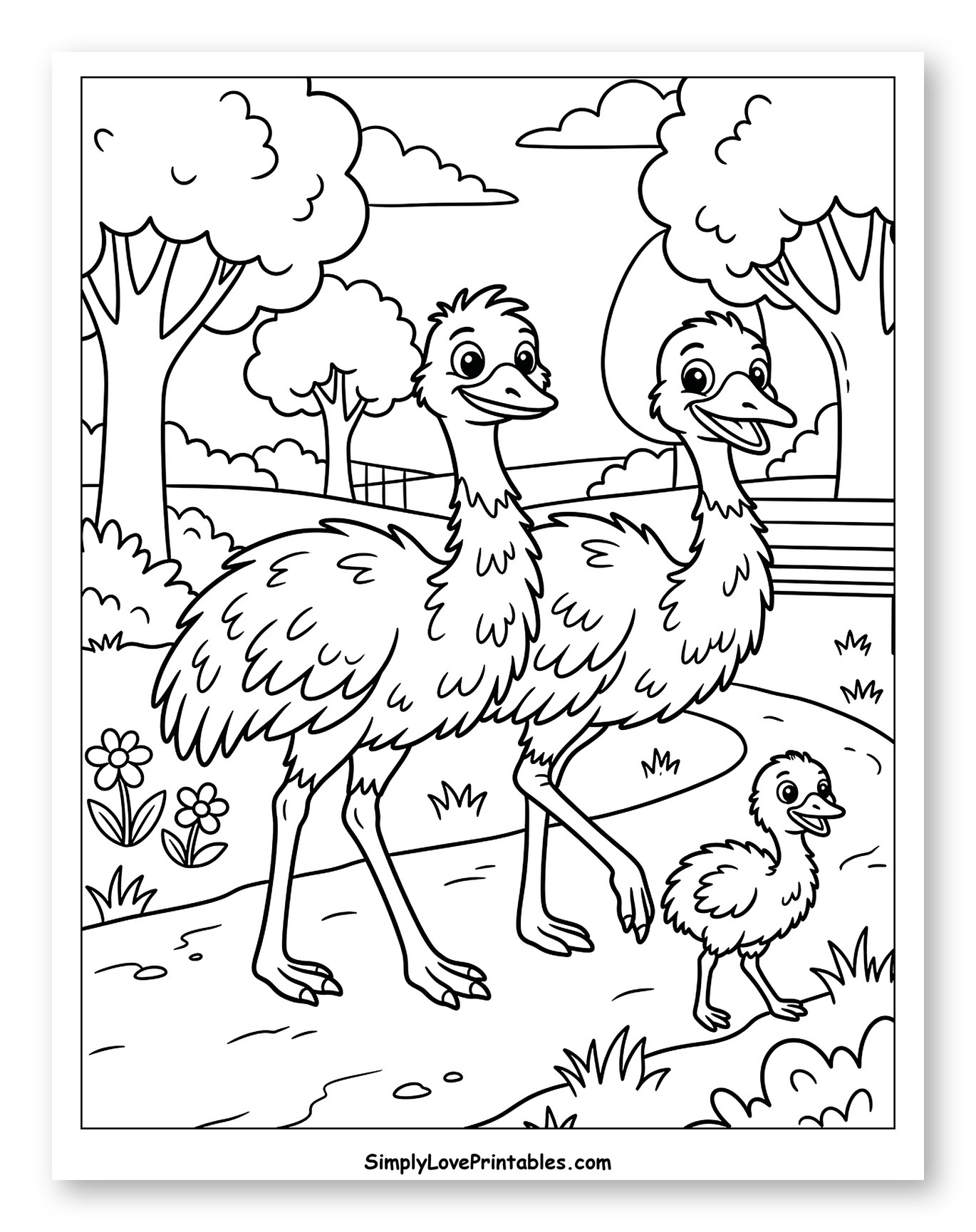 Happy Emu Parents and Baby Walking