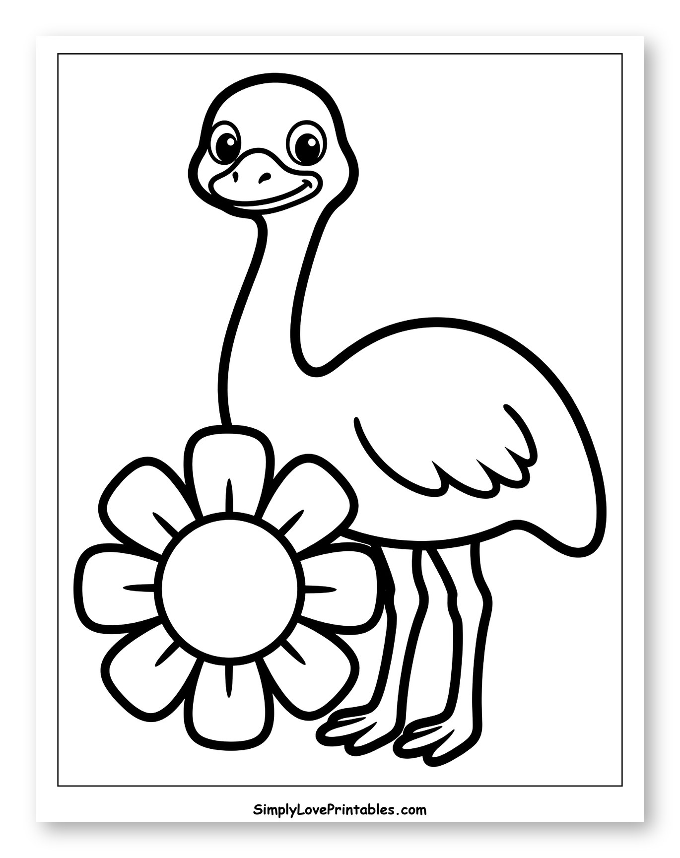 Happy Emu Standing Beside a Flower to Color for Toddlers