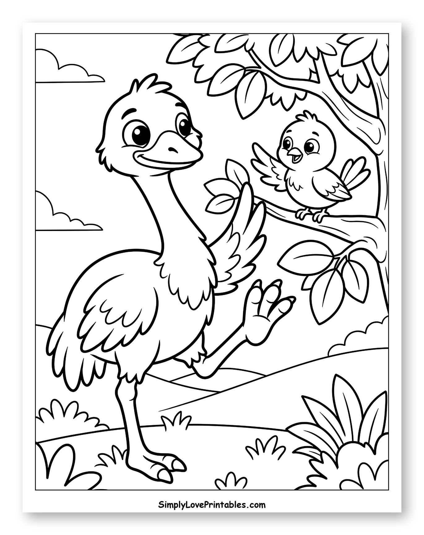 Happy Emu Waving to a Bird Coloring Page for Kids
