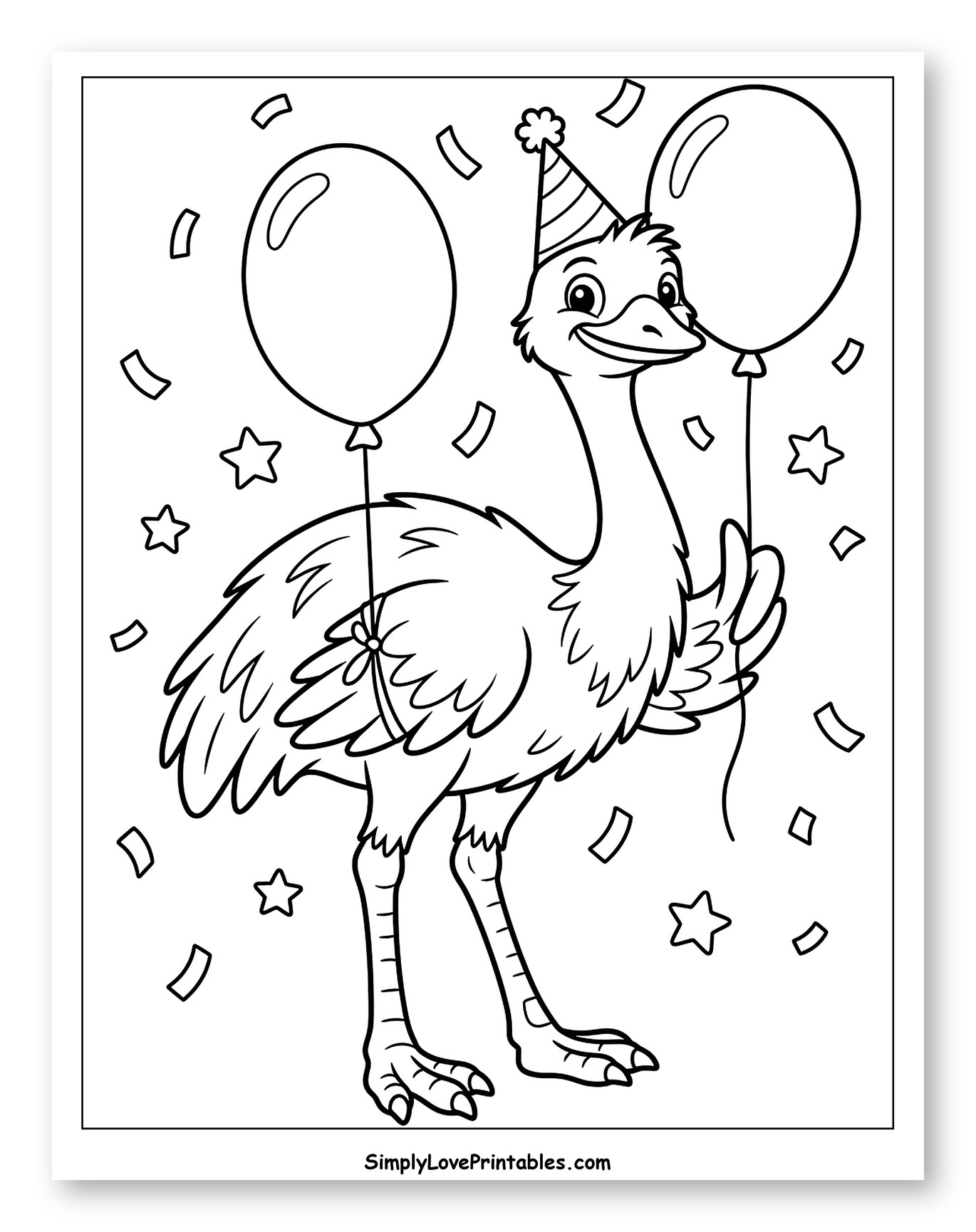 Happy Emu with Balloons and Party Hat