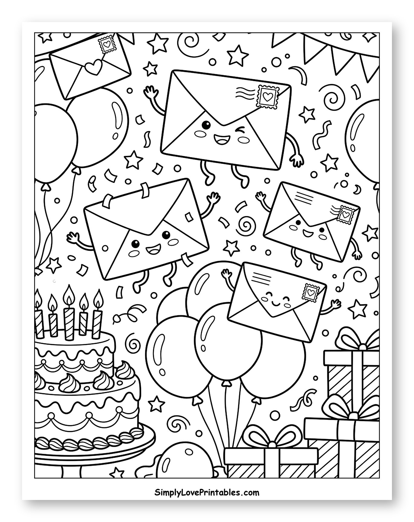 Happy Envelopes at a Birthday Celebration to Color for Kids