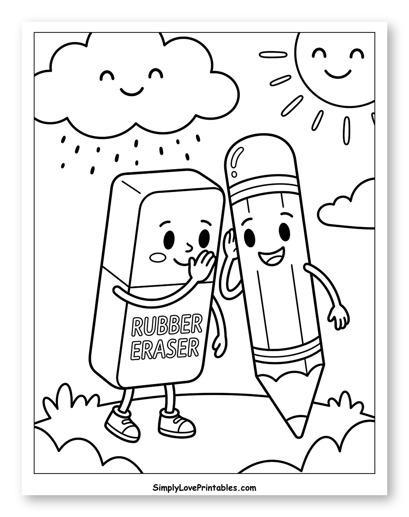 Happy Eraser and Pencil Sharing a Secret Coloring Page for Kids