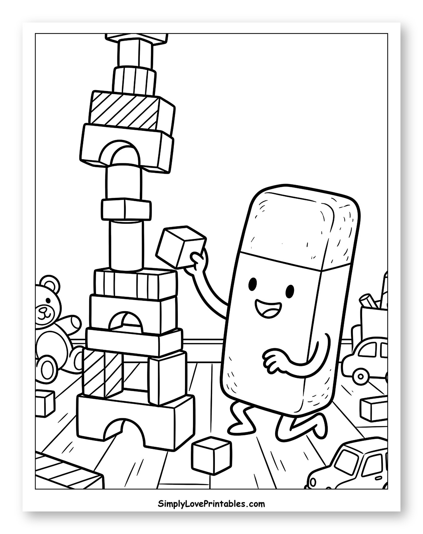 Happy Eraser Building a Tall Block Tower to Color for Kids
