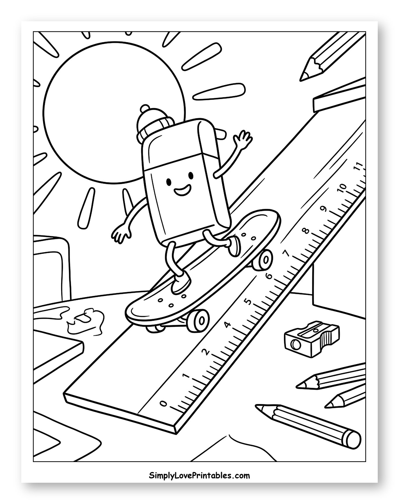 Happy Eraser Character Skateboarding Down a Ruler