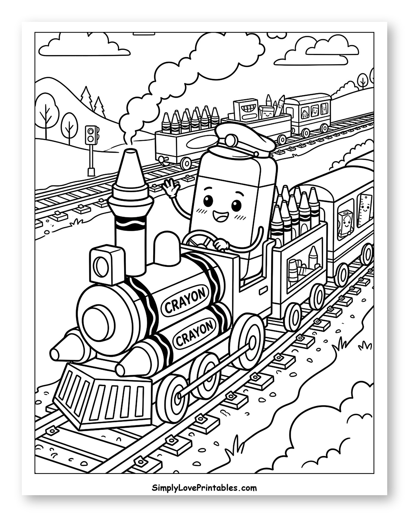 Happy Eraser Conductor Driving a Crayon Train Coloring Sheet for Kids