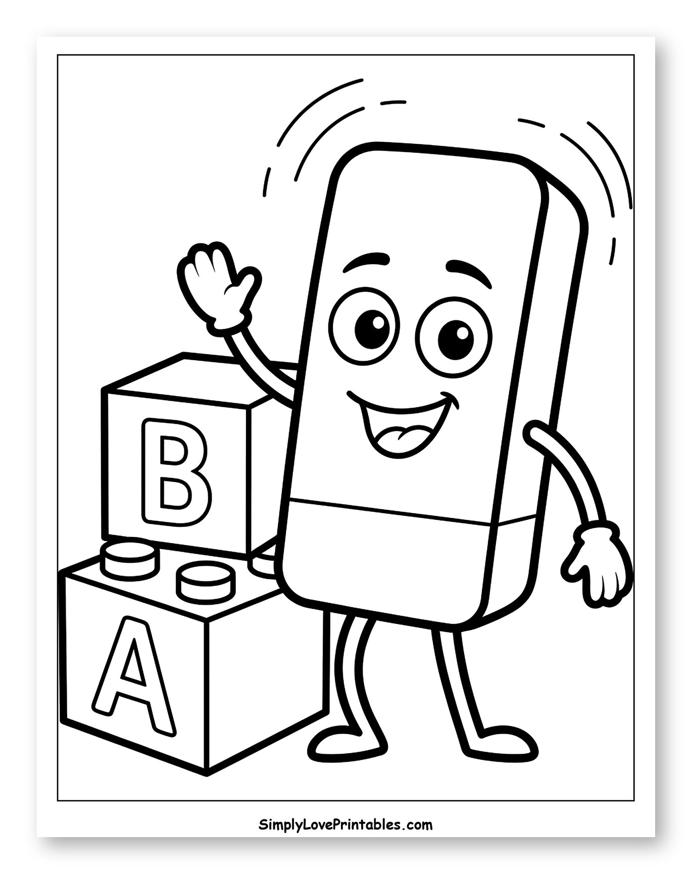 Happy Eraser Waving with Alphabet Blocks