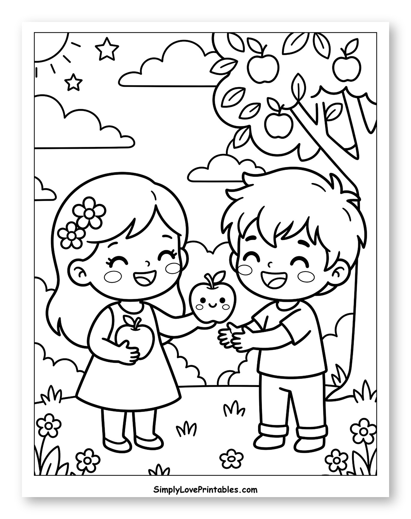 Happy Eve Offering an Apple to Adam Coloring Sheet for Kids