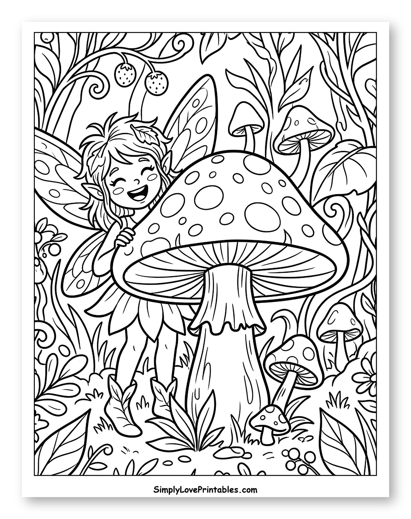 Happy Fairy and Giant Mushroom in Forest