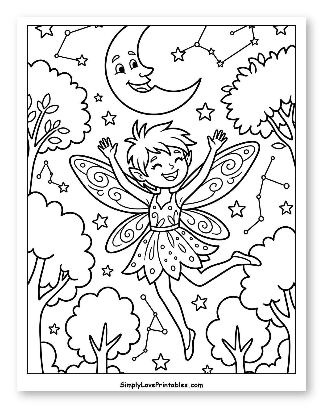 Happy Fairy Flying Under Moon and Stars