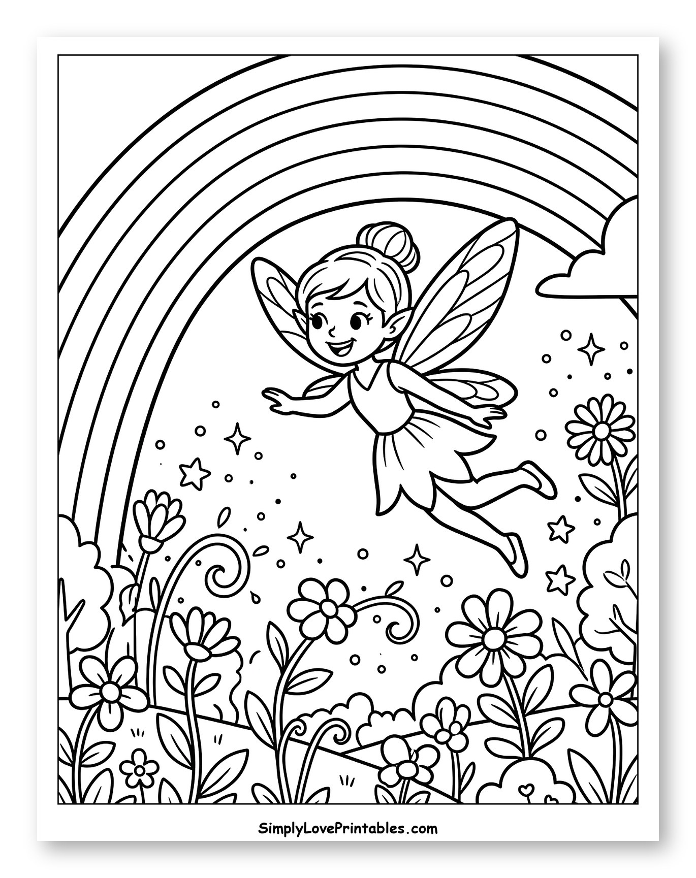 Happy Fairy Flying Under Rainbow Over Flowers