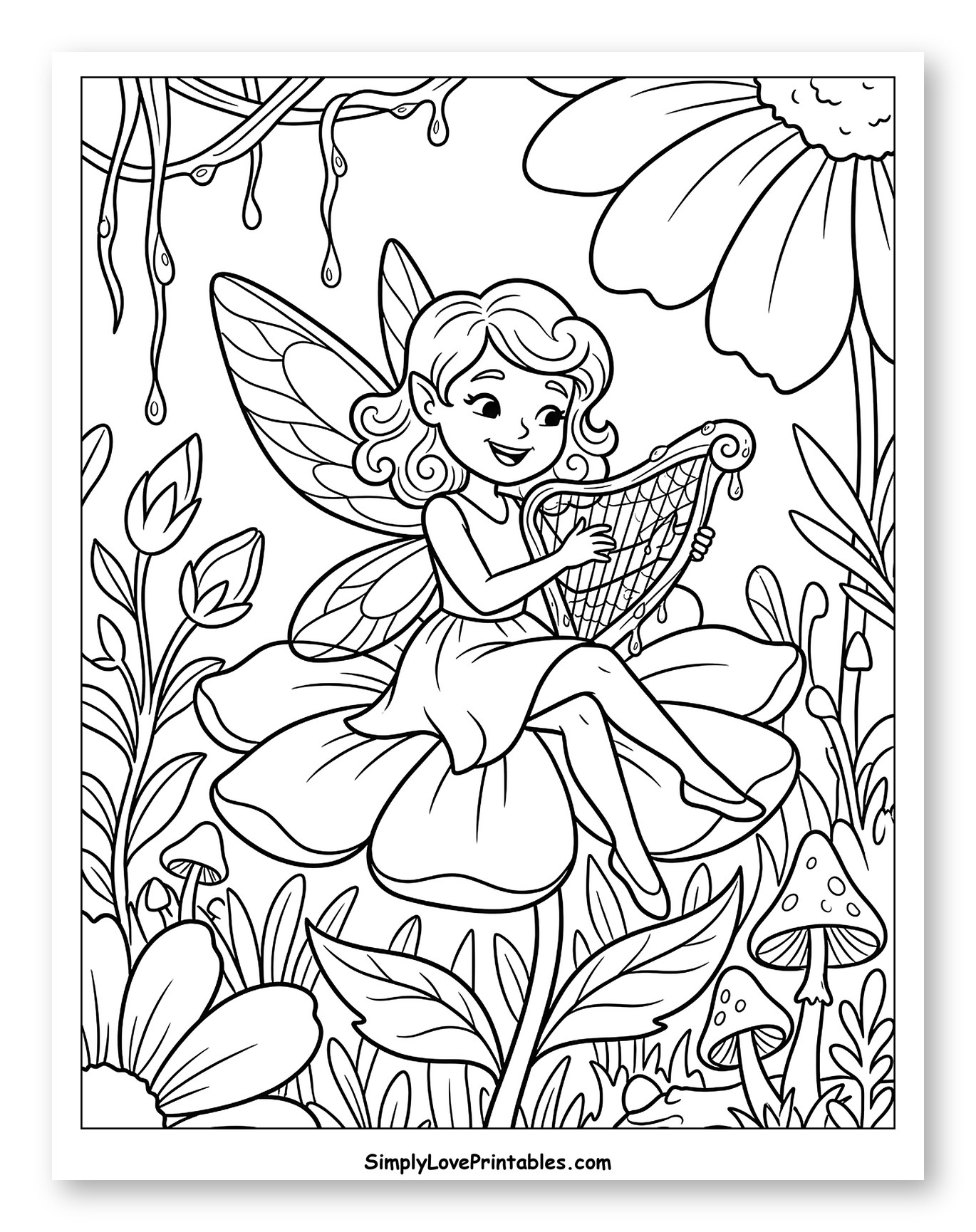 Happy Fairy Playing Harp in Garden