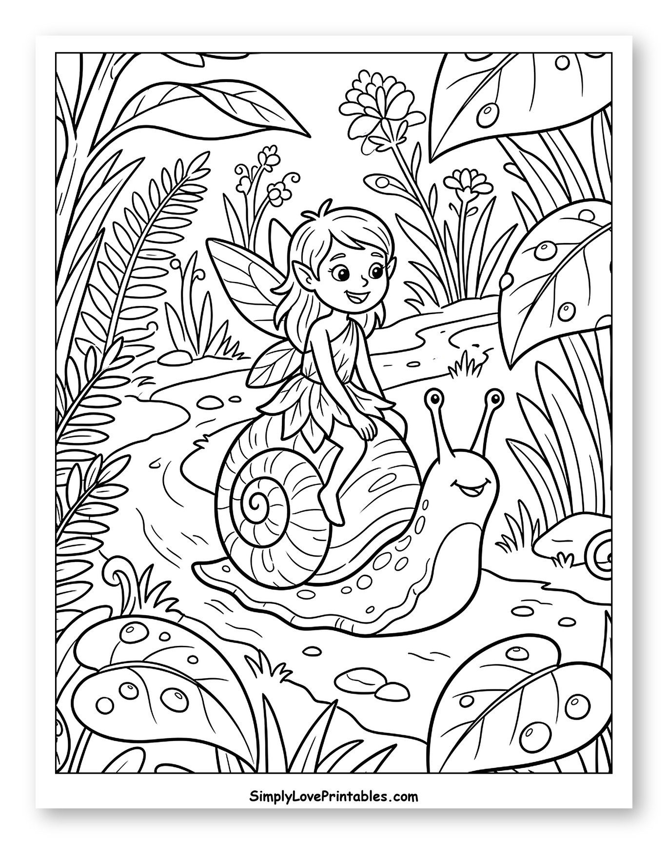 Happy Fairy Riding Snail in Garden Coloring Page for Kids